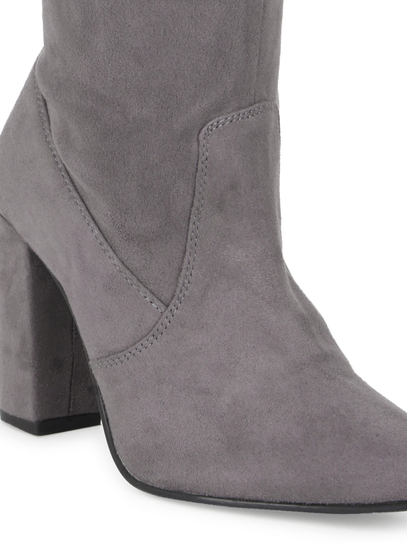 Grey Suede Block Heel Thigh High Boots