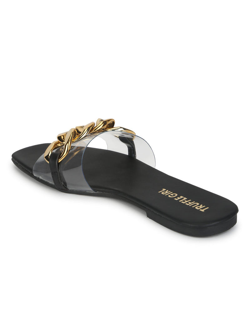 New Women's Gold Oversized Chain Slide Flat Sandals Flip Flops Open Toe  Studded | eBay