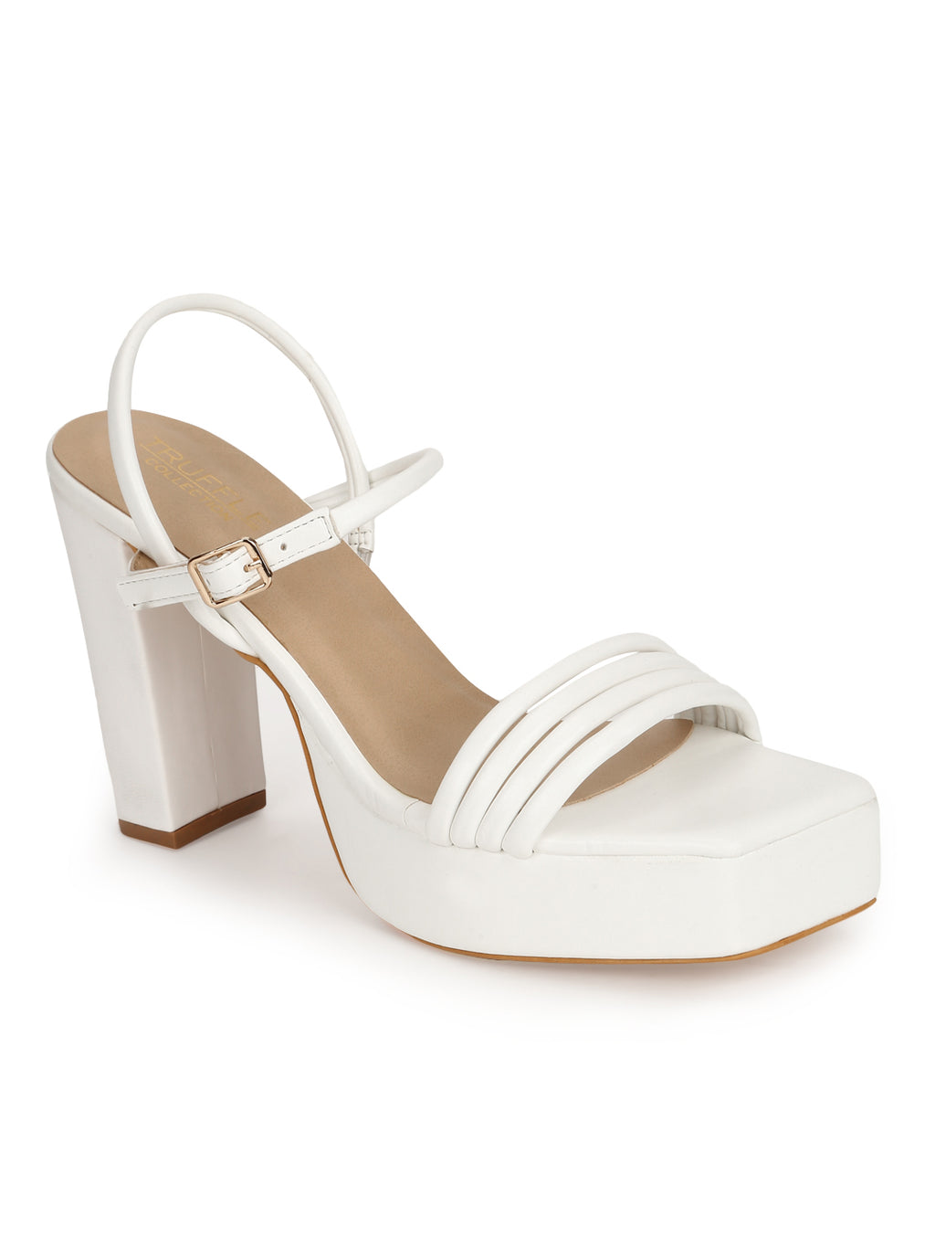 Buy Truffle Collection White Pu Crossover Ankle Strap Block Heels Online