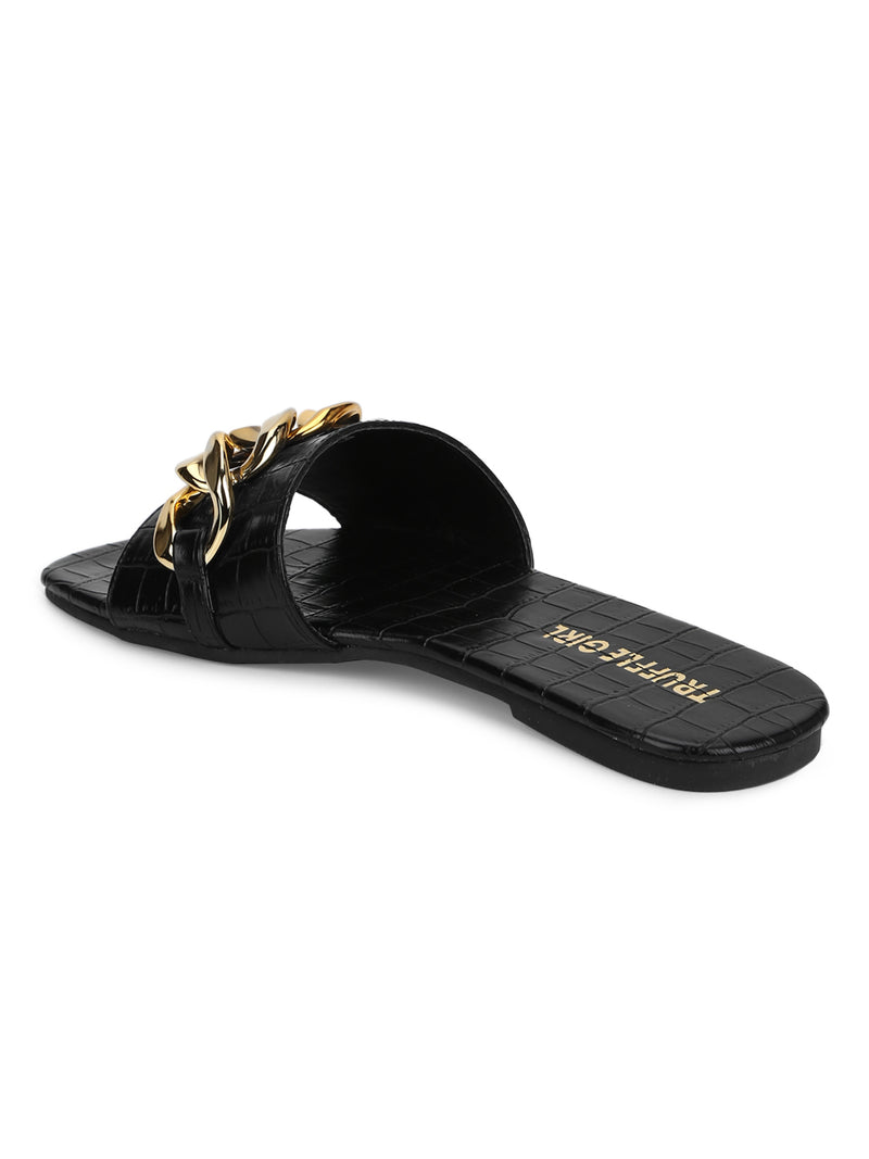 Women's Golden Big Buckle Chain Decor Slide Sandals Trendy - Temu