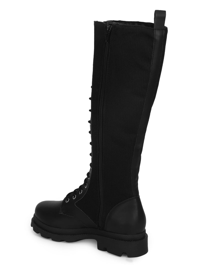 Black PU Lace Up Snug Fit Long Boots (TC-ST-1206-BLKPU)