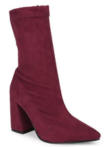 Burgundy Suede Pointed Toe Sock Mid Calf Boots