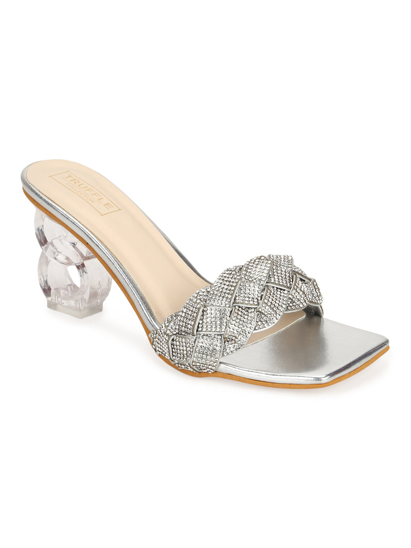 Silver Diamante PU Clear Heel Mules (TC-SLC-V80-SIL)