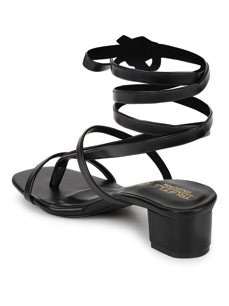 Black PU Lace-Up Block Sandals (TC-SLC-CR024-BLK)