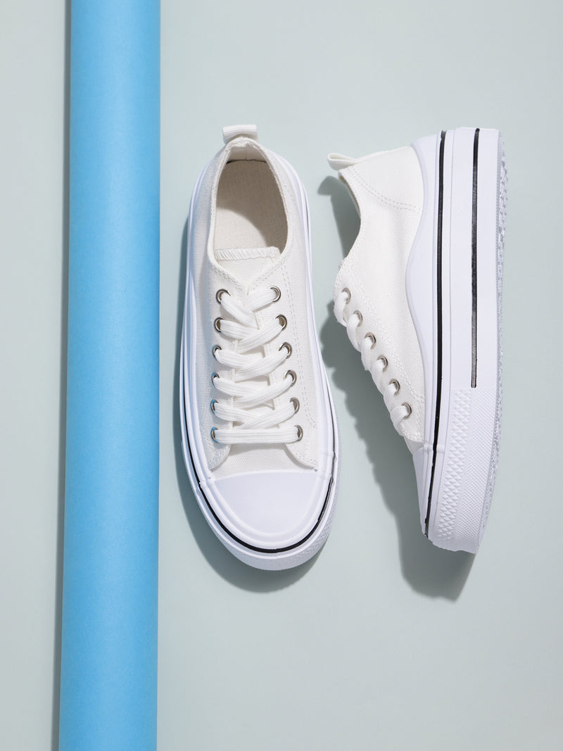 White Canvas Lace-Up Sneakers (TC-RS3486-WHT)