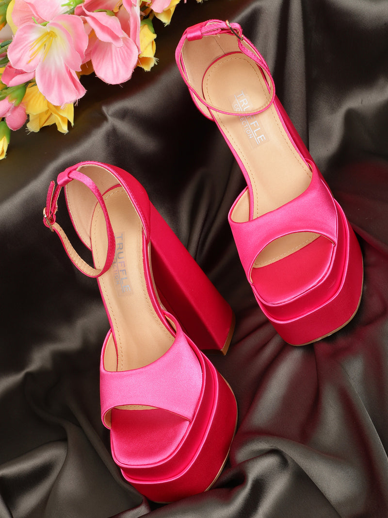 SATIN STRAPPY MID-HEEL SANDALS HOT PINK | Heels, Sandals heels, Mid heel  sandals