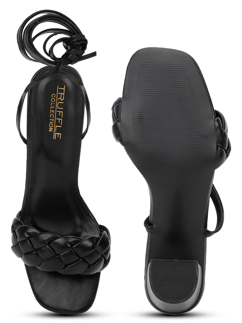 Black PU Lace-Up Block Sandals (TC-SLC-CR022-BLK)