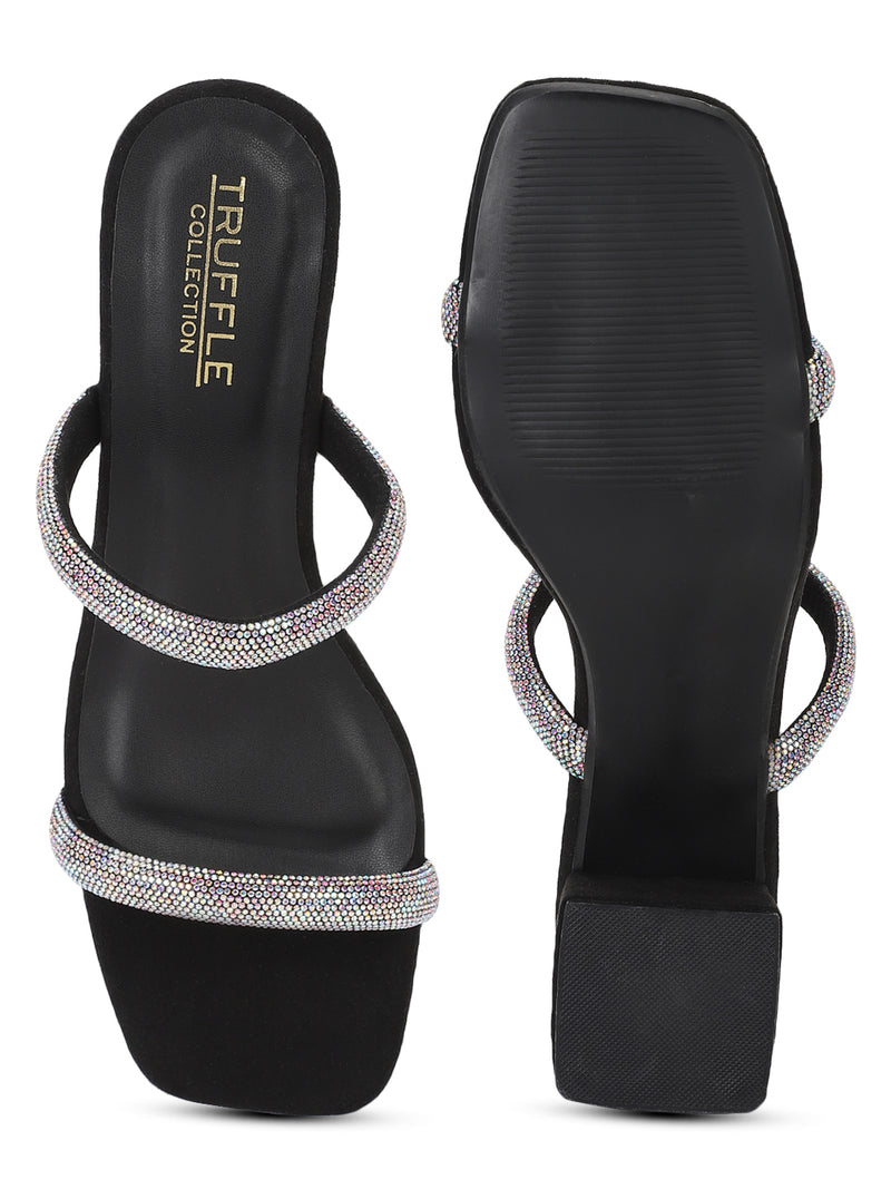 Black Suede Diamante Block Heel Mules (TC-ST-1335-BLK)