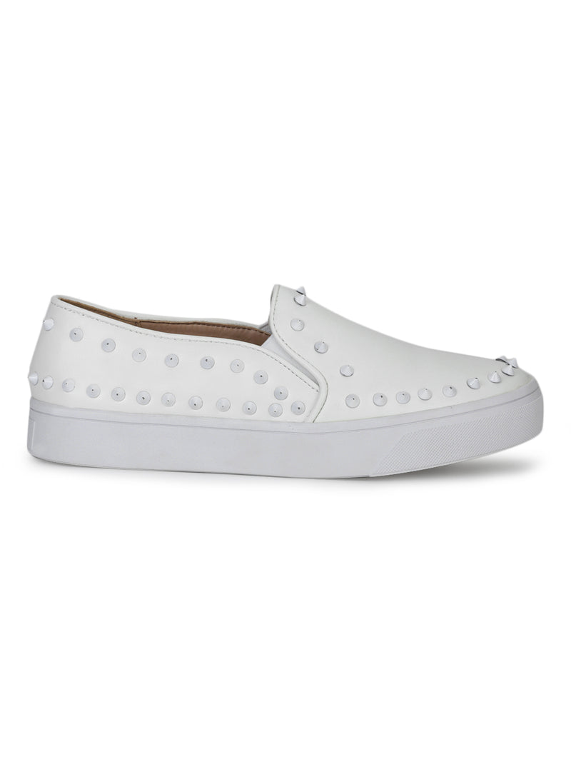 White PU Studded Slip-On Loafers (TC-RLST2-WHT)