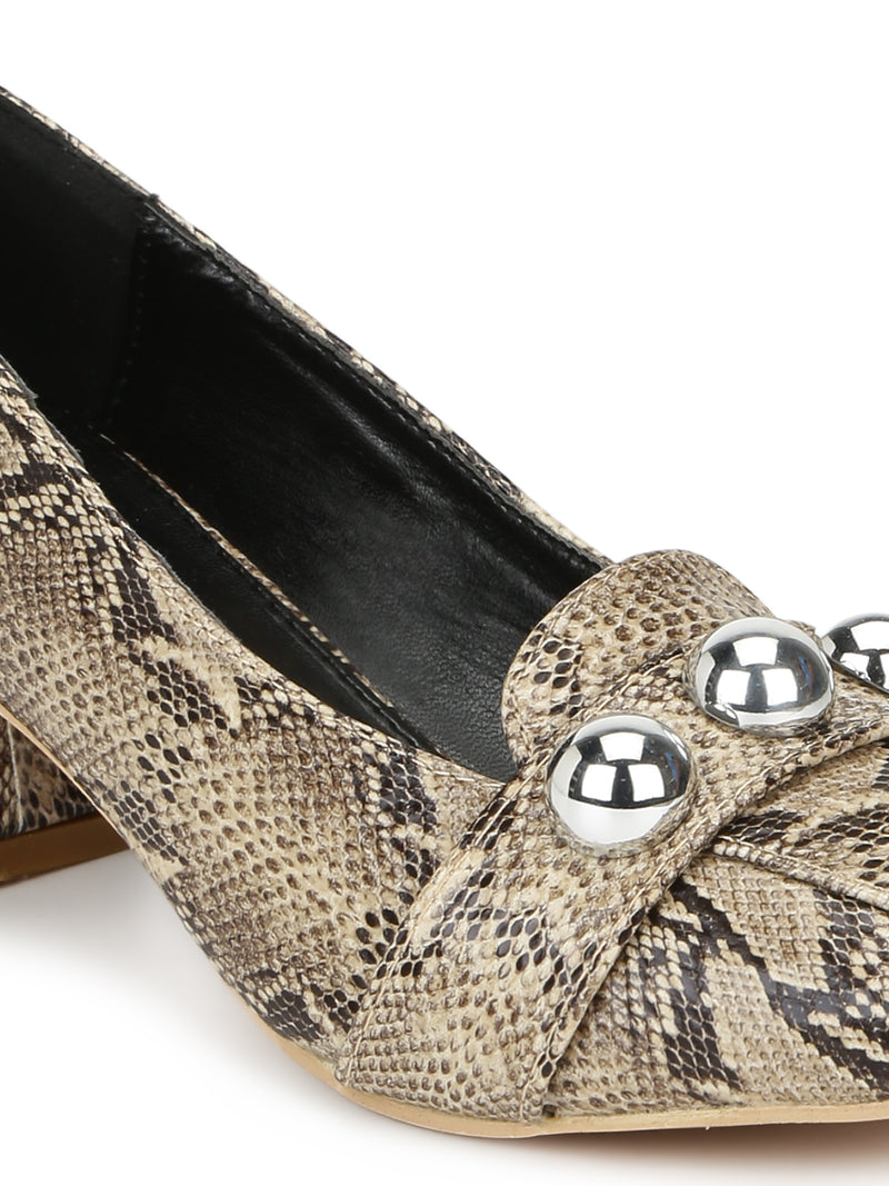 Snake PU Beaded Loafer Style Low Block Heels