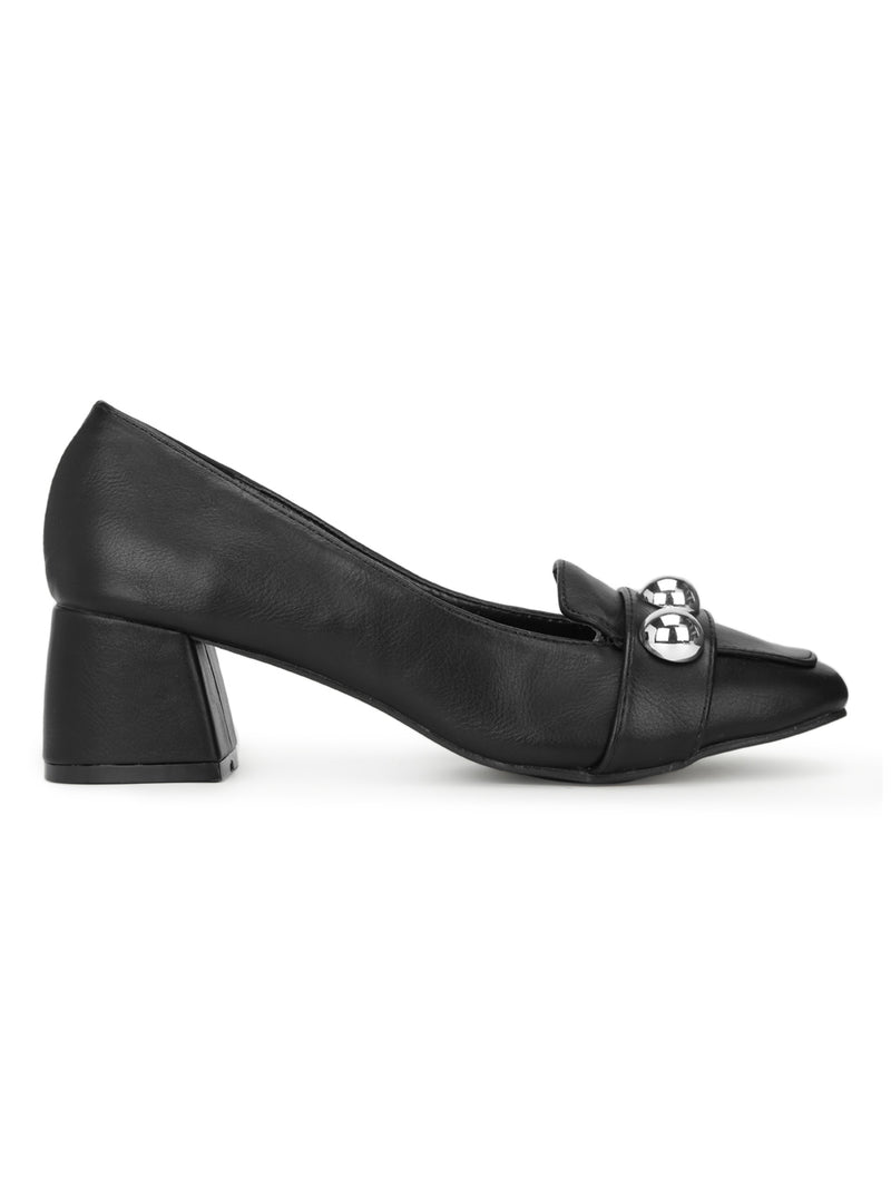 Black PU Beaded Loafer Style Low Block Heels