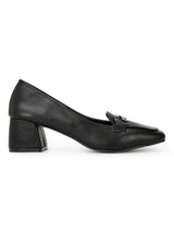 Black PU Loafer Style Low Block Heels