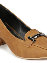 Tan PU Loafer Style Low Block Heels