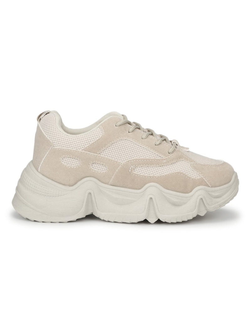 Stone Beige Lace-Up Chunky Sneakers With Cleated Sole
