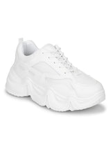 White PU Lace-Up Chunky Sneakers With Cleated Sole