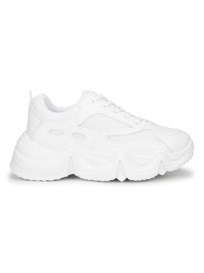 White PU Lace-Up Chunky Sneakers With Cleated Sole