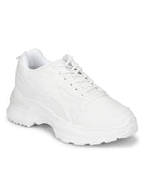White PU Cleated Bottom Lace-Up Chunky Sneakers