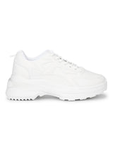 White PU Cleated Bottom Lace-Up Chunky Sneakers