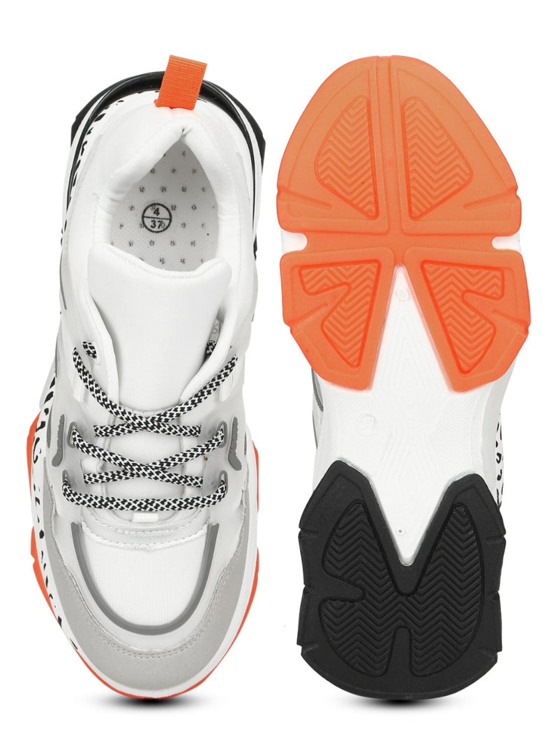 White Orange PU Lace-Up Chunky Sneakers
