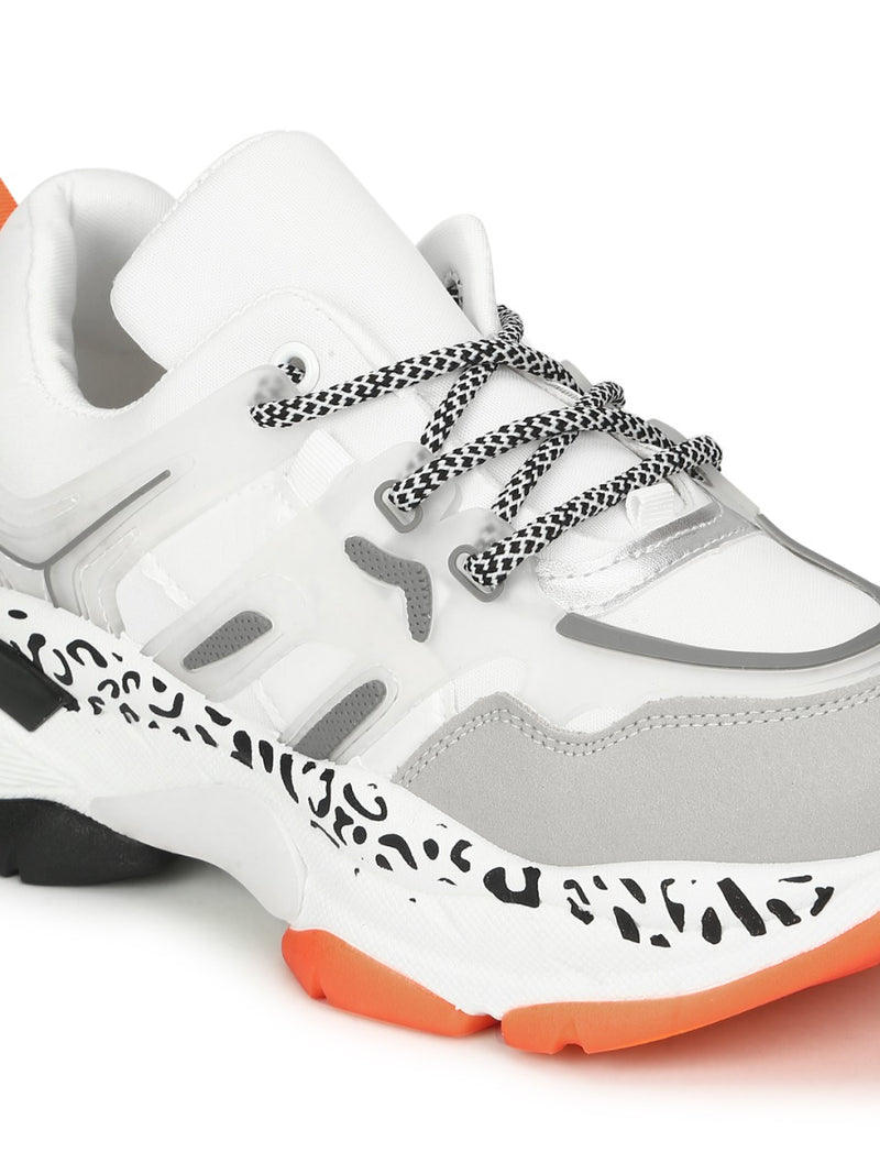 White Orange PU Lace-Up Chunky Sneakers