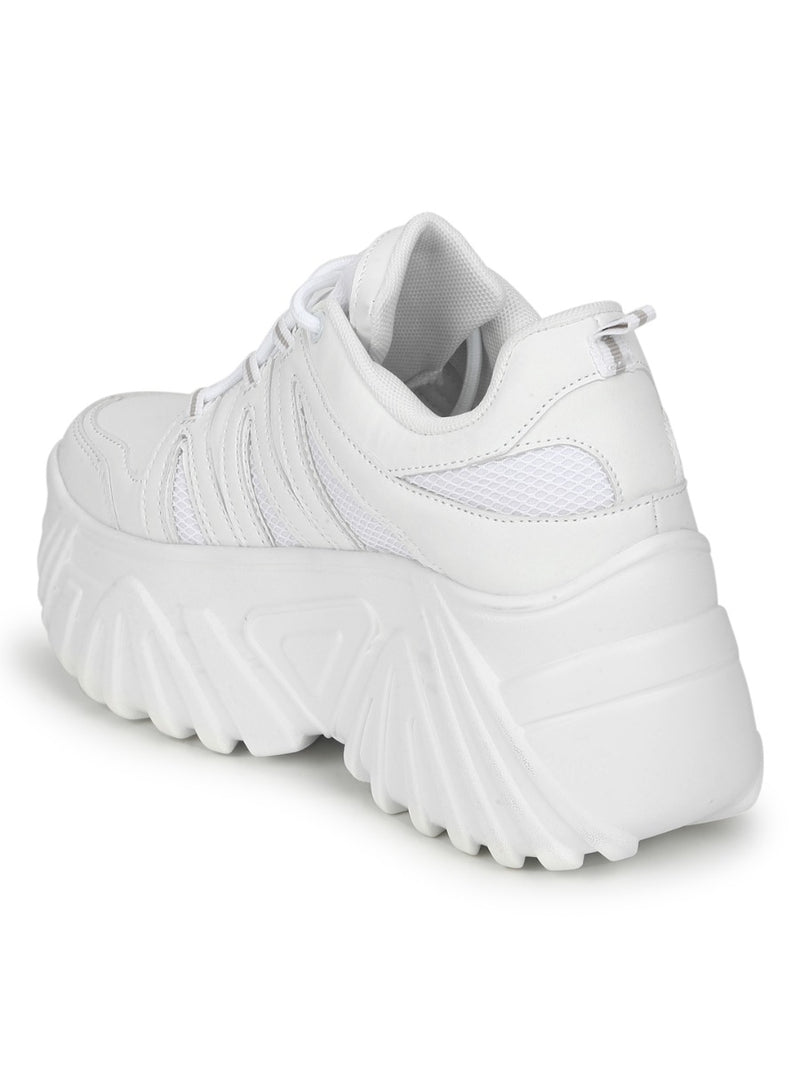 White PU Zig Zag Pattern Lace-Up Chunky Sneakers