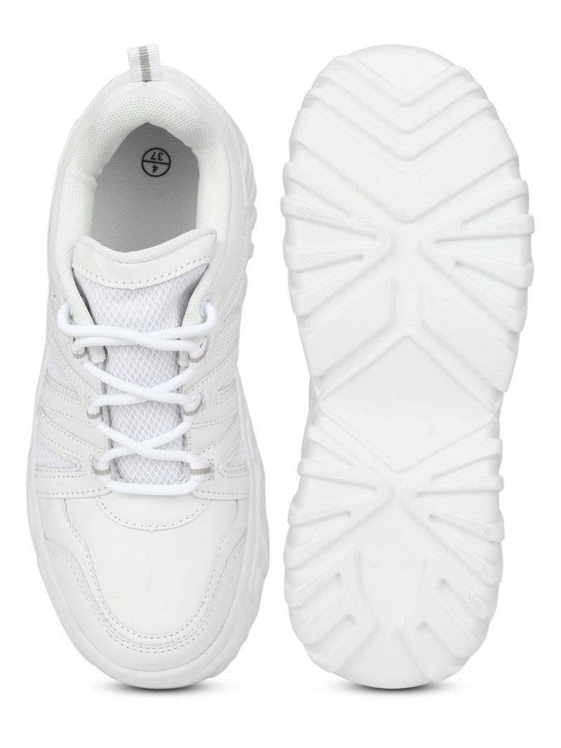 White PU Zig Zag Pattern Lace-Up Chunky Sneakers