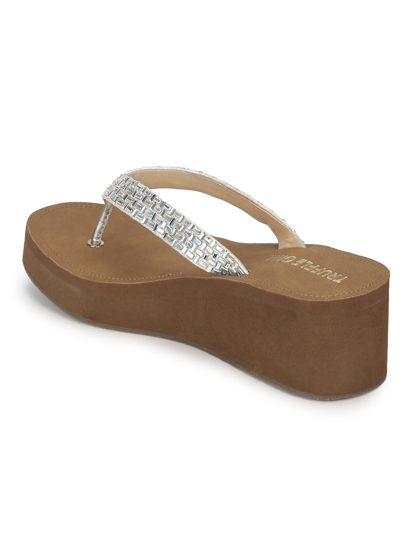 Silver PU Shimmer Knitted Strap Slip On Wedges