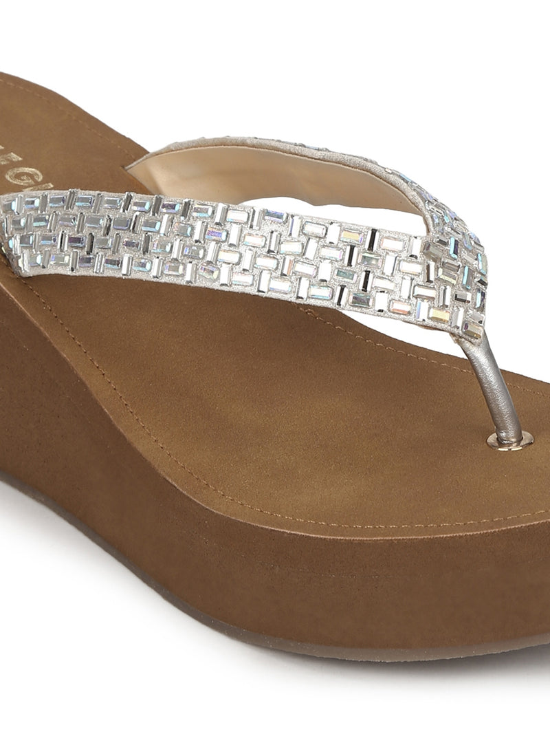 Silver PU Shimmer Knitted Strap Slip On Wedges