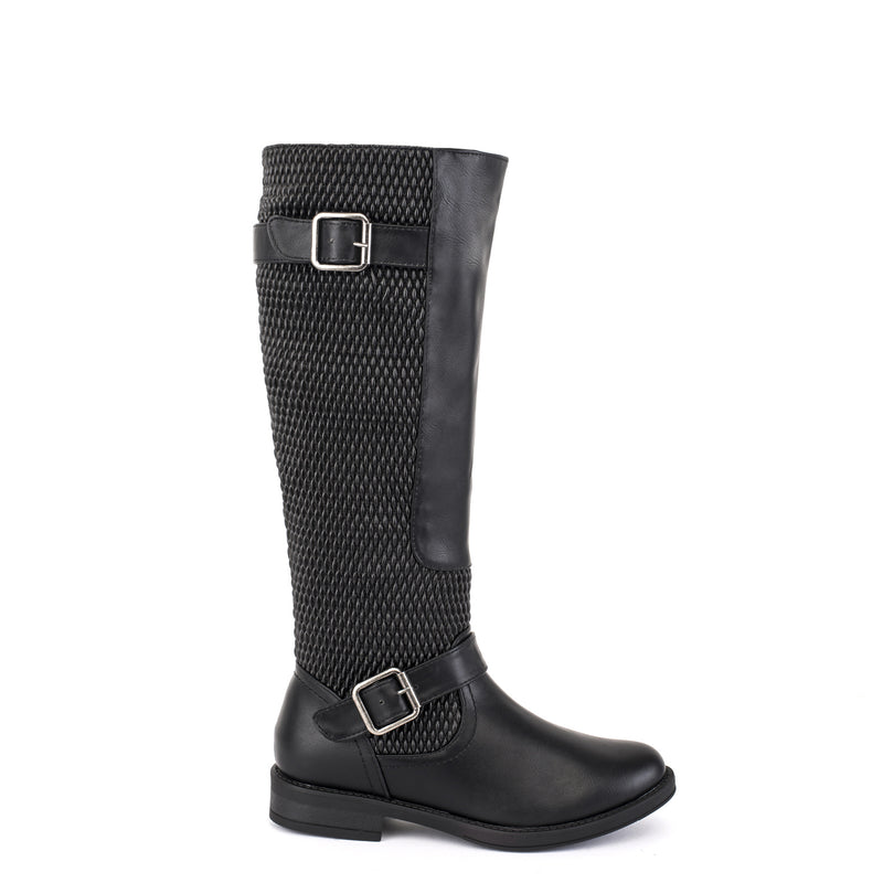 Black Knitted Buckle Calf Height Boots