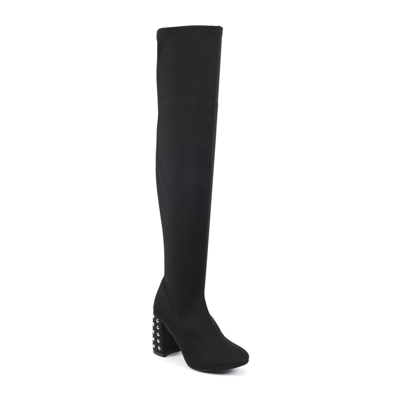 Black Studded Block Heel Over The Knee Boots