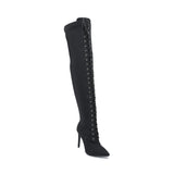 Black Lycra Stiletto Lace Up Thigh High Boots