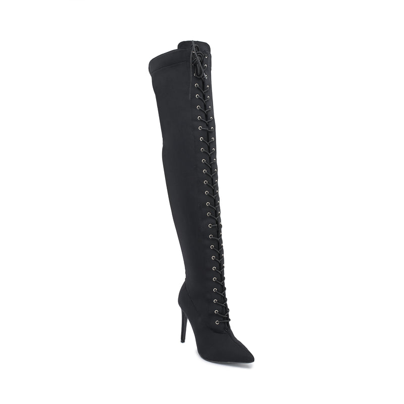 Black Lycra Stiletto Lace Up Thigh High Boots