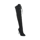 Black Faux Suede Stiletto Lace Up Thigh High Boots