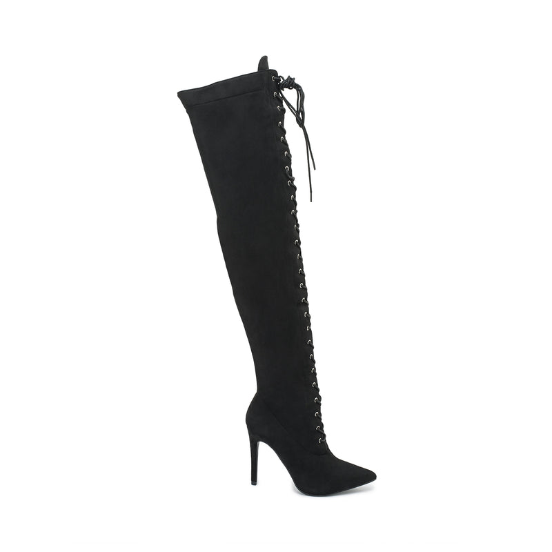 Black Faux Suede Stiletto Lace Up Thigh High Boots