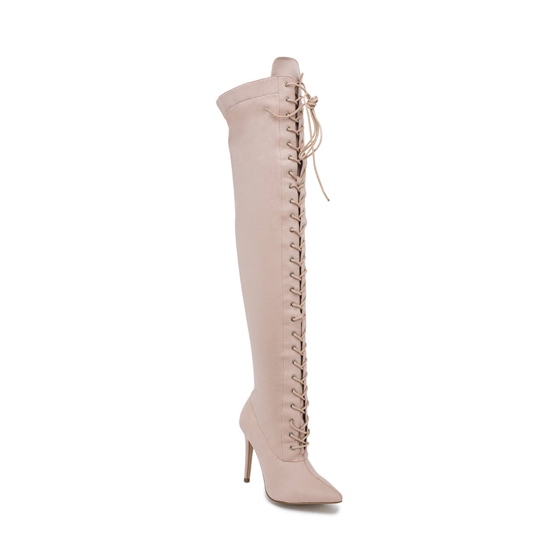 Nude Lycra Stiletto Lace Up Thigh High Boots