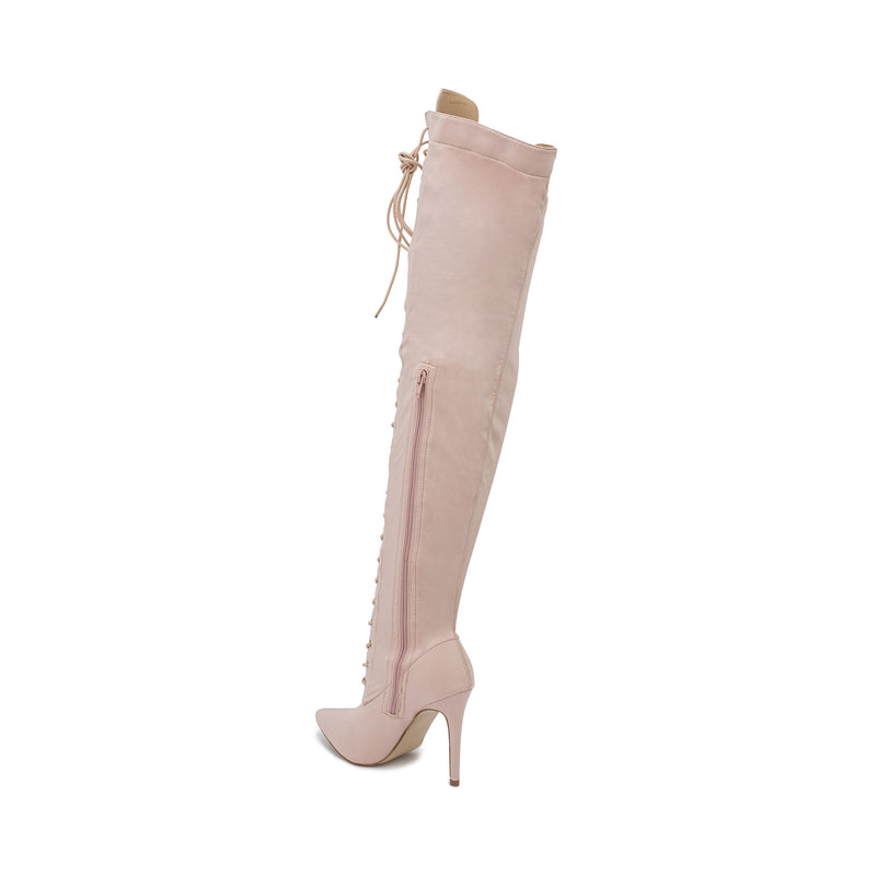 Nude Lycra Stiletto Lace Up Thigh High Boots