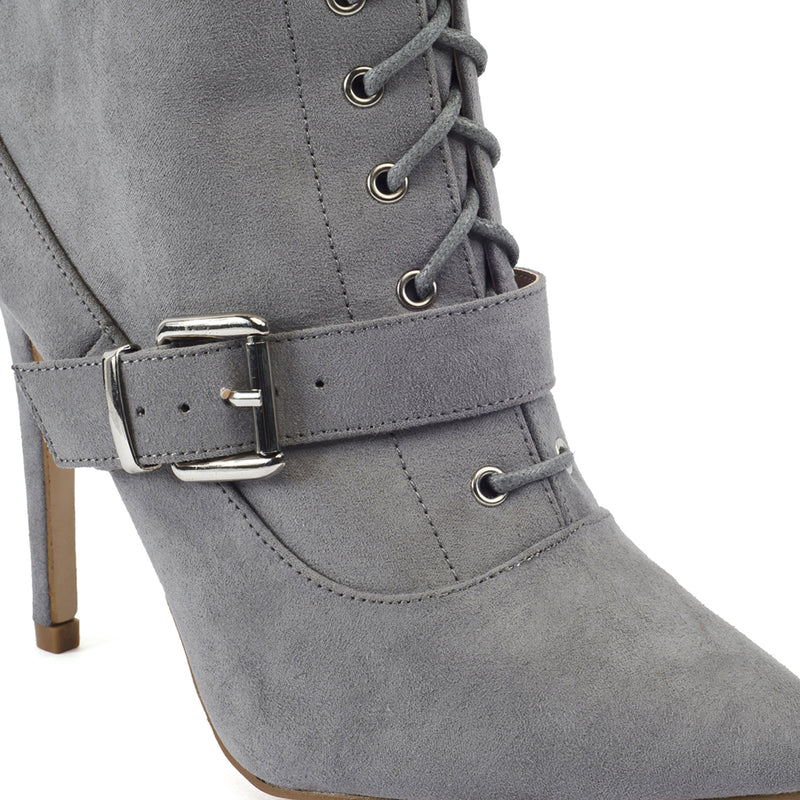 Dove Grey Buckle Detail Lace Up Ankle Boots