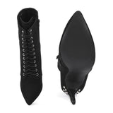 Black Lace Up Studded Stilleto Heel Ankle Boots