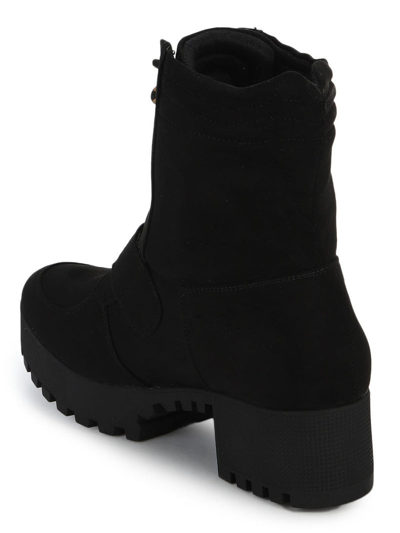Black Suede Cleated Bottom Low Heel Ankle Boots