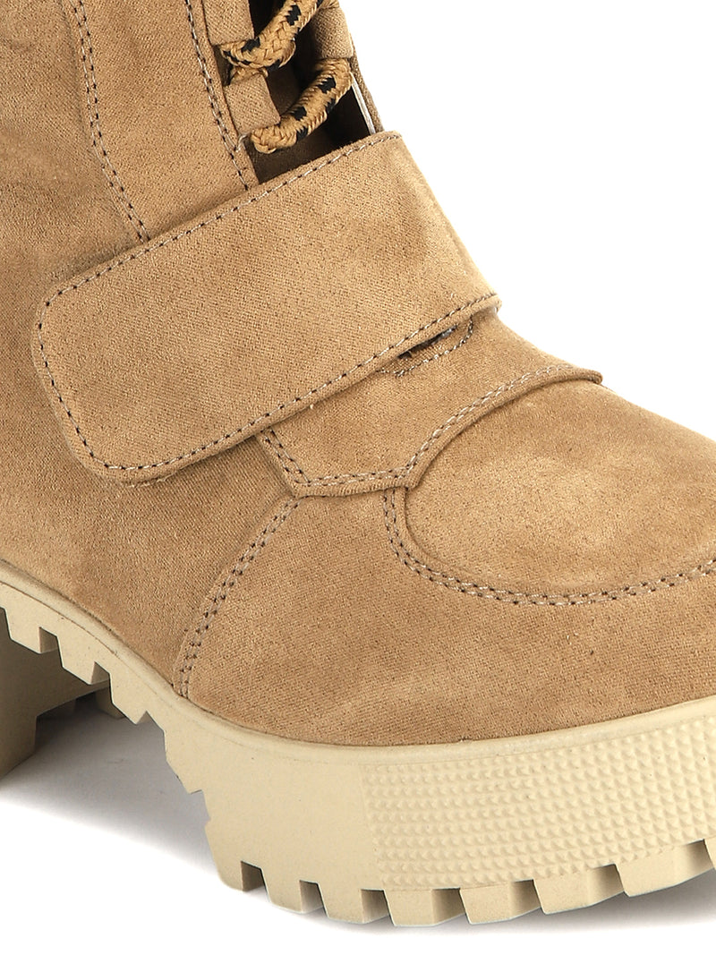Tan Suede Cleated Bottom Low Heel Ankle Boots