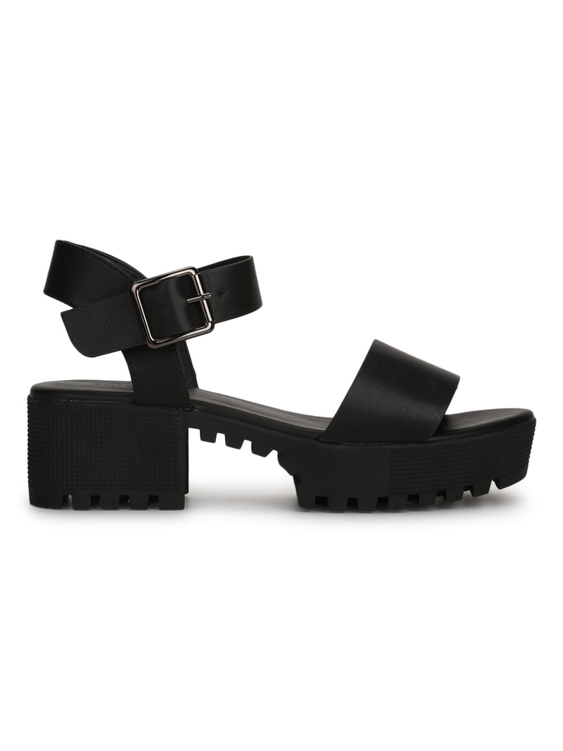 Black PU Cleated Bottom with Thick Ankle Strap Block Heels