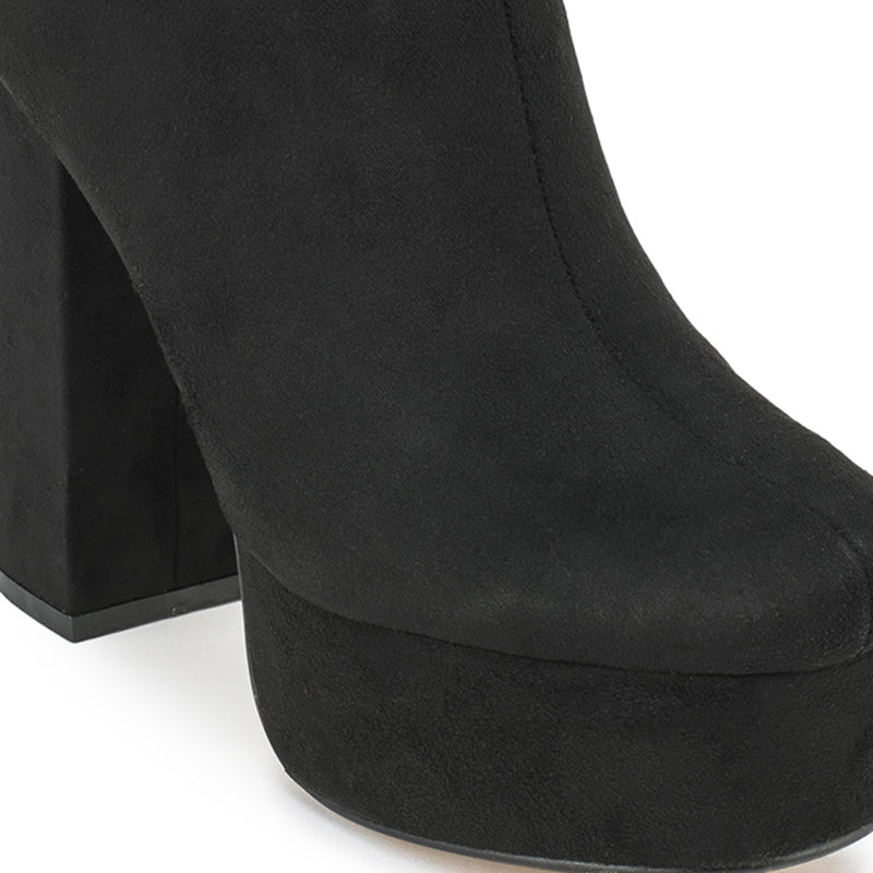 Black Faux Suede Block Heel Platfrom Ankle Boot