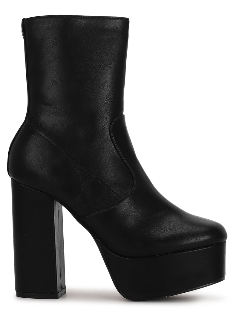 Black Pu Block Heel Ankle Length Boots