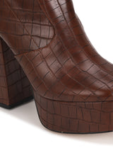Brown Croc Block Heel Ankle Length Boots
