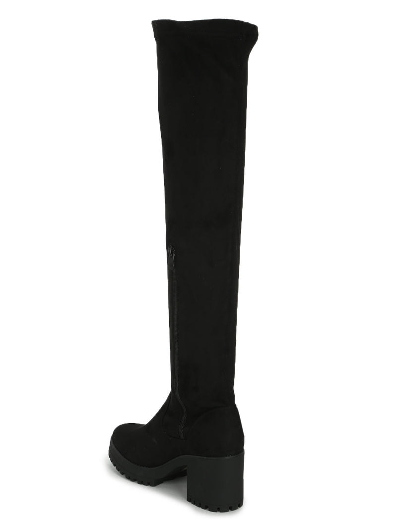 Black Stretch Micro Block Heel Long Boots