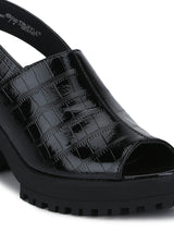 Black Croc Pat Peep Toe Block Heels