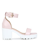 Pink Box Cleated Bottom Ankle Strap Block Heels
