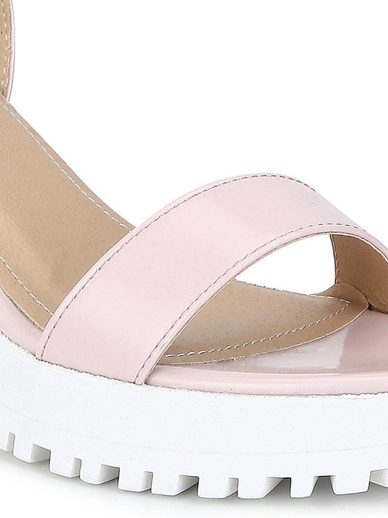 Pink Box Cleated Bottom Ankle Strap Block Heels