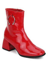 Red Patent Round Buckle Block Heel Ankle Boots