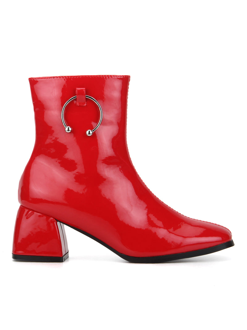 Red Patent Round Buckle Block Heel Ankle Boots
